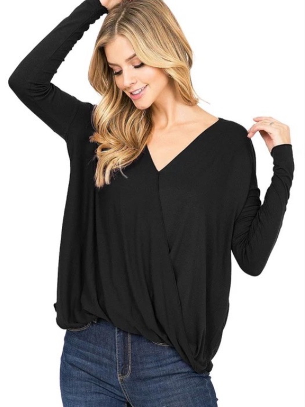 Deb Black V-Neck Long Sleeve Draped Front Top